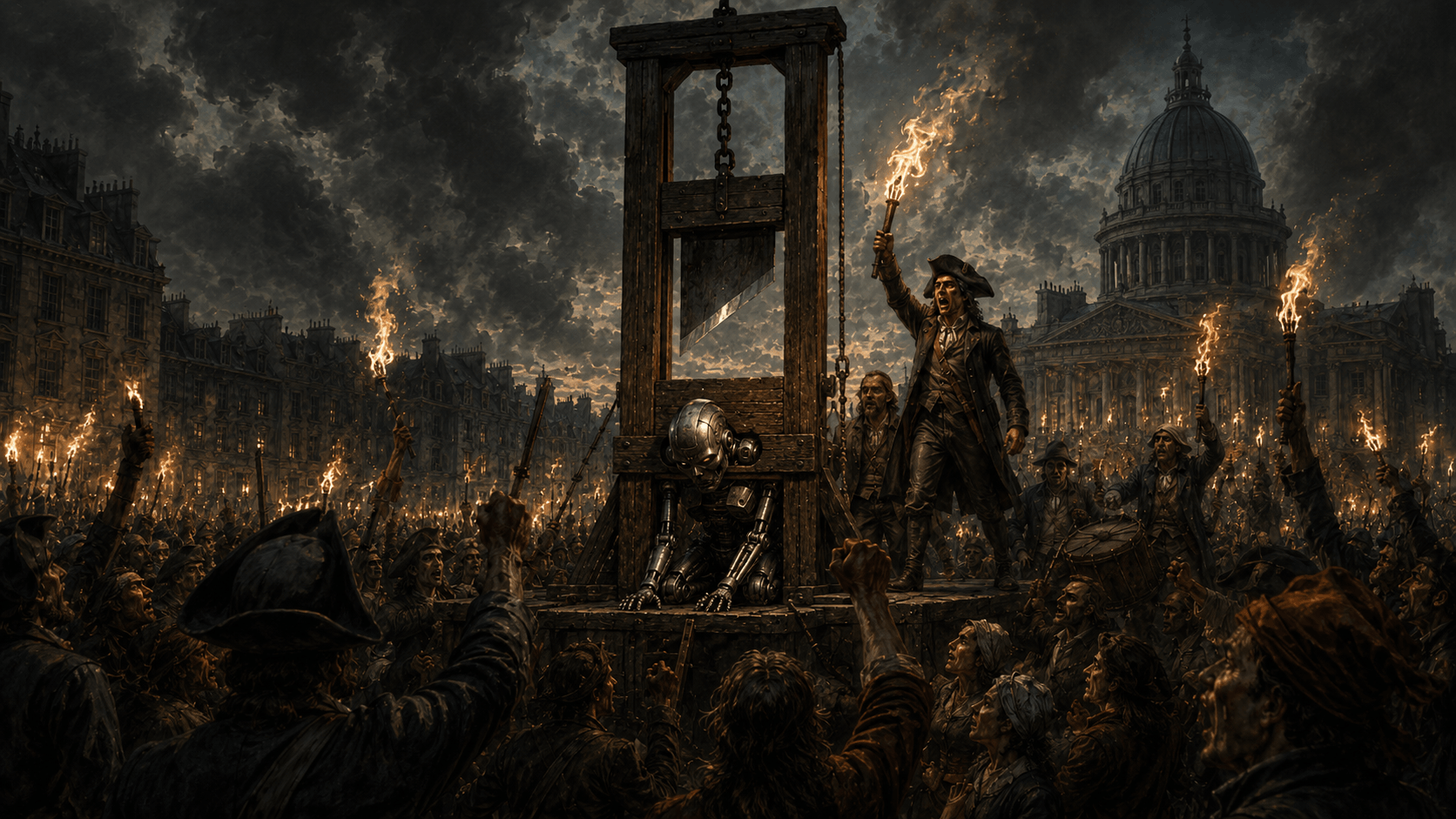 A revolutionary crowd with torches raised around a guillotine in which a robot is restrained, dome of a capitol building in the background
